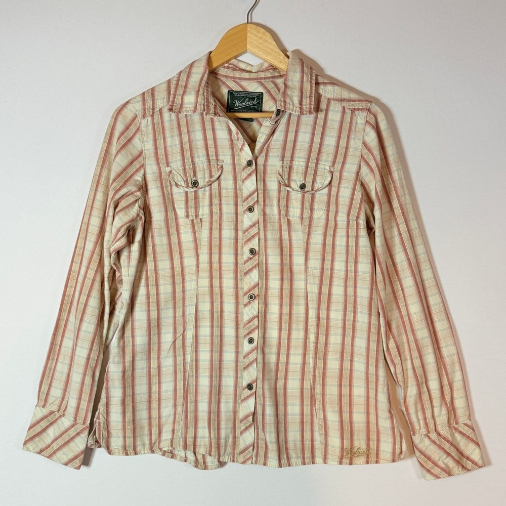 Woolrich Womens Medium Shirt Cream‎ Red Plaid Western Farmcore Rustic Heritage